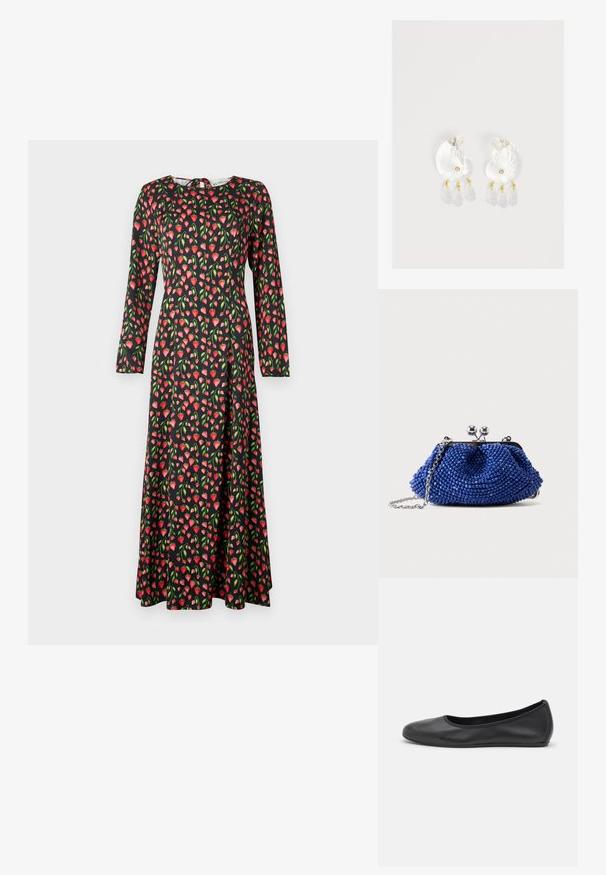 Robe noire à manches longues ornée d'un motif de fraises rouges et roses avec des feuilles vertes, au design évasé et au col rond.; Ballerines en cuir noir avec un bout rond, texture lisse, détails de couture minimalistes et design de semelle flexible.; Petit sac pochette bleu perlé avec fermoir argenté et bandoulière en chaîne, posé sur un fond uni gris clair.; Boucles d'oreilles en résine transparente en forme de coquillage avec de petits accents dorés et trois breloques translucides en forme de goutte pendantes sur chaque boucle d'oreille.