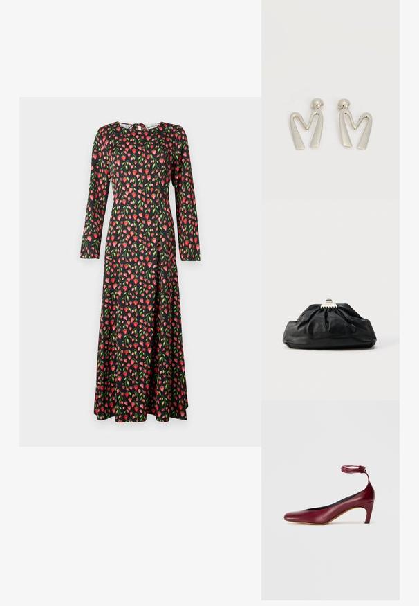 Robe noire à manches longues ornée d'un motif de fraises rouges et roses avec des feuilles vertes, au design évasé et au col rond.; Chaussure à talon haut en cuir bordeaux avec un bout rond et une sangle à la cheville, présentant un talon modéré en forme de cône et une finition lisse.; Pochette en cuir noir avec une texture plissée, fermeture à fermoir métallique, et logo embossé discret sur le devant. Forme arrondie.; Paire de boucles d'oreilles en métal argenté en forme de lettre M angulaire avec des tiges arrondies sur fond blanc.
