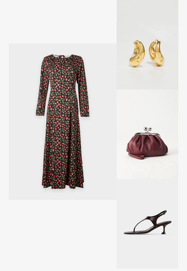 Robe noire à manches longues ornée d'un motif de fraises rouges et roses avec des feuilles vertes, au design évasé et au col rond.; Sandale slingback en cuir verni marron foncé avec petit talon et bride entre les orteils sur fond blanc.; Petit sac pochette en cuir bordeaux avec fermoir métallique argenté et bracelet sur fond blanc.; Boucles d'oreilles en or en forme de d'anneaux lisses et courbés avec une finition polie. Équipées d'un mécanisme de fermeture et de légères indentations pour le détail.