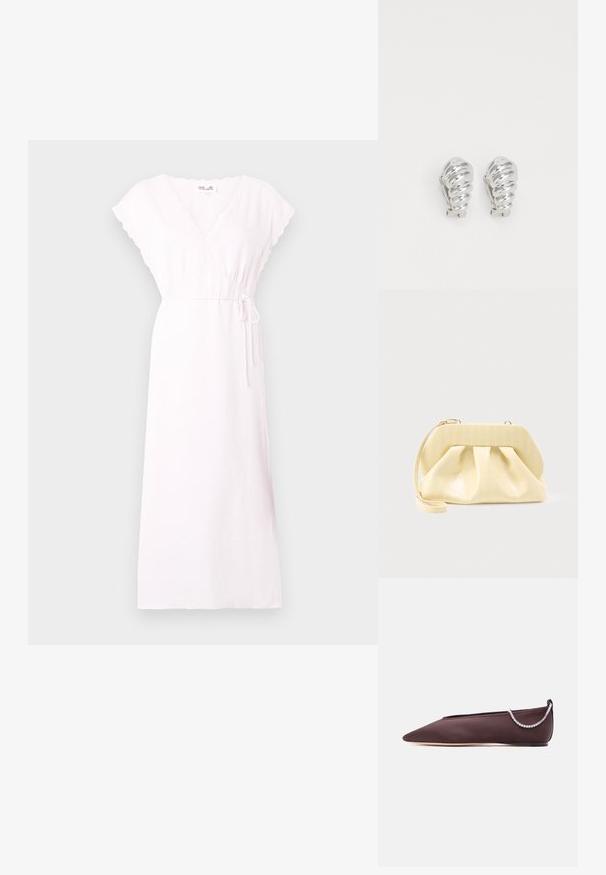 Robe mi-longue rose clair avec col en V, bordure en dentelle sur les manches et le décolleté, et une fine ceinture à la taille sur fond uni.; Chaussure plate marron foncé à bout pointu avec un petit talon et un détail chaîne en strass argentée à l'arrière.; Pochette en cuir couleur crème avec un cadre supérieur structuré et une lanière pour poignet, présentée sur un fond clair uni.; Boucles d'oreilles en clip argentées avec un design en spirale, présentant une texture métallique lisse et des formes arrondies. Pas d'embellissements ou de motifs visibles.