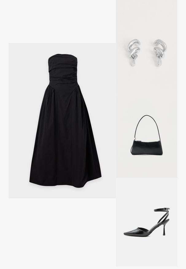 Robe de soirée noire sans bretelles avec corsage froncé et jupe volumineuse plissée, présentée sur un fond clair uni.; Escarpin noir à bout pointu avec fines brides de cheville et fermeture à boucle argentée sur fond clair uni.; Sac à main rectangulaire noir avec une fine bandoulière et fermeture éclair, présenté sur un fond blanc uni.; Paire de boucles d’oreilles créoles en métal argenté brillant torsadé avec un design abstrait bouclé sur un fond blanc uni.