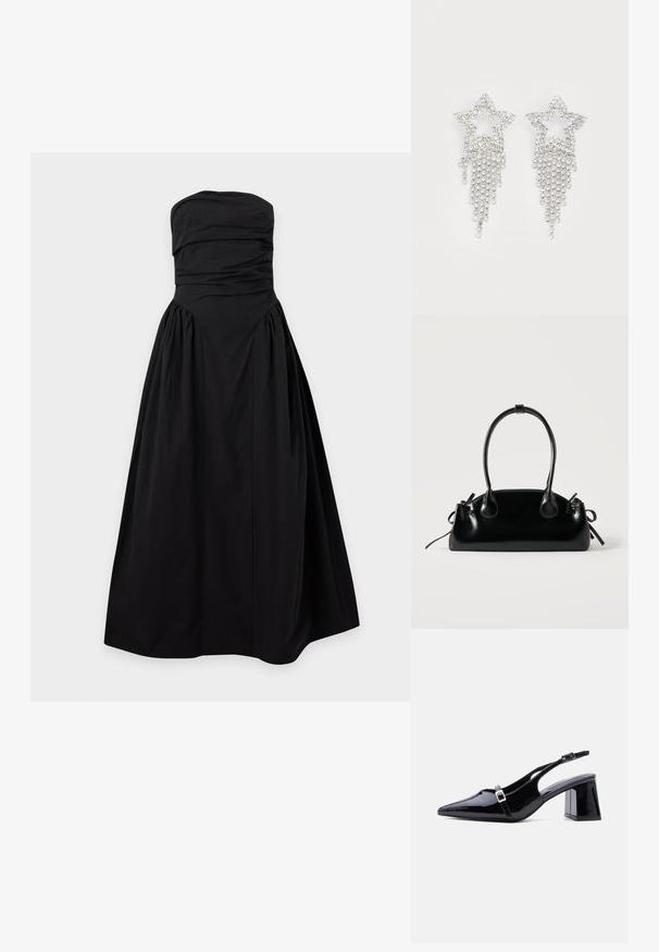 Robe de soirée noire sans bretelles avec corsage froncé et jupe volumineuse plissée, présentée sur un fond clair uni.; Escarpin à bride arrière en cuir verni noir, bout pointu, petit talon bloc bas, avec deux petites boucles argentées sur les brides.; Petit sac à main noir brillant avec deux longues anses et des détails à cordon sur les côtés sur un fond clair uni.; Boucles d'oreilles en strass en forme d'étoile avec des détails de franges en cascade, présentant une teinte argentée et une surface brillante et réfléchissante. Forme d'étoile avec un design complexe.