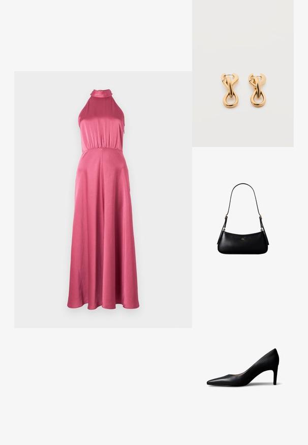 Roze halternek maxi-jurk met een aansluitende corsage, een geraffineerde taille en een soepele, vloeiende rok. Gemaakt van lichtgewicht, gestructureerde stof.; Zwarte leren vrouwenschoen met puntige neus en hak van gemiddelde hoogte, zijaanzicht op een witte achtergrond.; Zwarte leren mini schoudertas met een dun riempje en klein goudkleurig CK-logo aan de voorkant in het midden.; Een paar glanzende oorringen in goudkleur met een lusvormige, gedraaide en verstrengelde ontwerp, afgebeeld op een eenvoudige witte achtergrond.