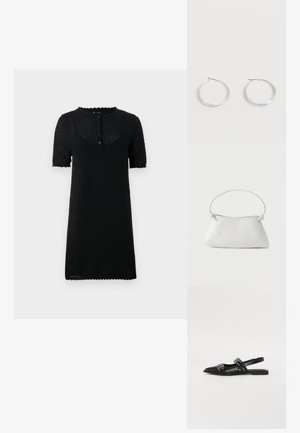 Sort kortærmet kjole med et tekstureret honningcomb-mønster, rund hals med bølgede kanter og knaplukning foran.; Even&Odd by Zalando Slingback-ballerinasko - black; Hvid fletlæderhåndtaske med afrundet håndtag og ender på remmen, der er knyttet, vist mod en ensfarvet baggrund.; Sølvfarvede metaloorringe med glat, let buet overflade og låsemekanisme på en ensfarvet hvid baggrund.