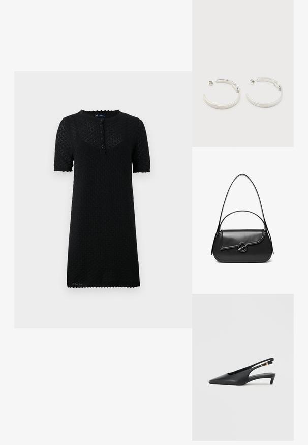 Vestido negro de manga corta con un patrón texturizado de panal, cuello redondo con bordes en forma de ondas y cierre de botones en la parte delantera.; Zapatos de tacón estilo slingback negros con punta afilada, textura de cuero suave, un tacón bajo tipo kitten heel y una correa con un detalle de hebilla metálica.; Bolso de hombro de cuero negro con una solapa curva asegurada por un broche metálico redondo y una correa delgada y ajustable.; Pendientes de aro semicírculo en tono plateado con textura acanalada y cierre de presión sobre fondo blanco.