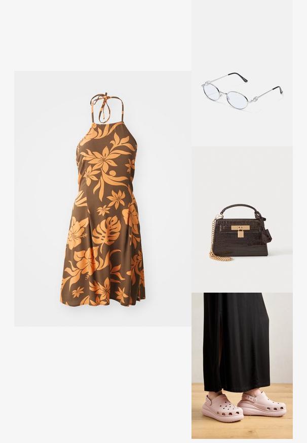 Robe halter marron avec un motif floral orange, longueur genoux, avec un corsage ajusté qui s'évase en jupe. Texture douce.; Sabots rose clair avec des trous de ventilation, une semelle épaisse et une sangle arrière, associés à une longue jupe noire et un fond en bois.; Lunettes ovales en métal argenté avec verres transparents, présentant des accentuations décoratives sur les côtés et des embouts noirs sur les branches pour plus d'adhérence et de confort.; Sac à main marron foncé à texture crocodile avec une poignée supérieure, un détail de serrure dorée sur le devant et une bandoulière chaîne dorée sur fond blanc.
