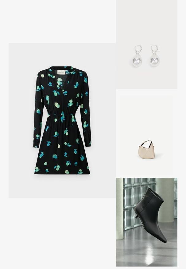 Zwarte jurk met lange mouwen, een V-hals, een gathered taille en een bloemenpatroon in groen en turquoise. Gemaakt van lichtgewicht stof.; Zwarte leren enkellaars met spits toelopende neus en lage kittenhak, schuin weergegeven tegen een gepolijste vloer en een glazen blokken muur als achtergrond.; Beige leren handtas in halvemaanvorm met een enkele schouderband en minimale stiksels, afgebeeld tegen een effen witte achtergrond.; Zilveren druppeloorbellen met gladde, ronde, reflecterende oppervlakken die hangen aan klapring-sluitingen. Achtergrond is puur wit.