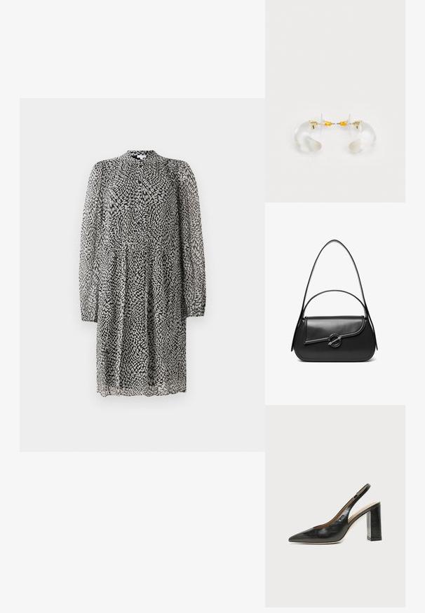 Zwart-witte jurk tot de knie met lange doorschijnende mouwen, knoopsluiting aan de voorkant, losse pasvorm en een abstract vlekkenpatroon op lichte stof.; Zwarte leren slingback schoen met spits toelopend neusje, hoge blokhak en beige binnenvoering tegen een effen lichte achtergrond.; Zwarte leren schoudertas met een gebogen klep die is bevestigd met een ronde metalen sluiting en een smalle, verstelbare band.; Heldere acryl oorringen met gouden accenten, met een gebogen ontwerp en transparante sluiting. Gladde textuur, minimalistische stijl.