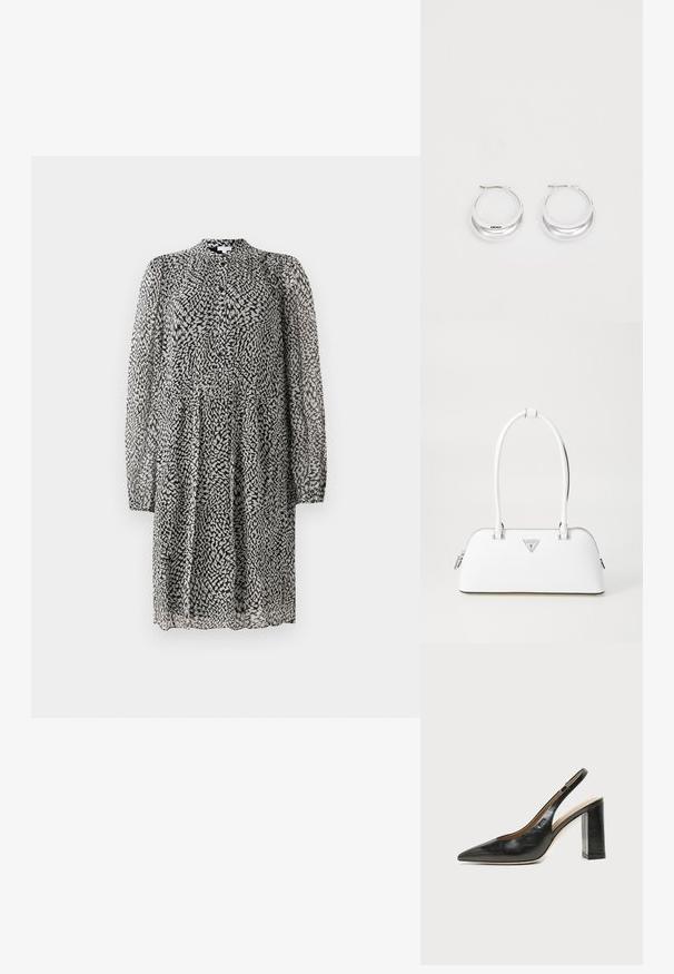 Sort og hvid knælang kjole med lange gennemsigtige ærmer, knaplukning foran, løs pasform og abstrakt pletmønster på let stof.; Sort læder peep-toe slingback sko med høj blokhæl og beige indvendig foring mod en ensfarvet lys baggrund.; Hvid lædertaske med en buet form, der har et sølvtrapezlogo og lynlåslukning. Glat tekstur og dobbelthåndtag.; Sølv hoops øreringe med en poleret overflade og DKNY branding, præsenteret mod en simpel hvid baggrund.