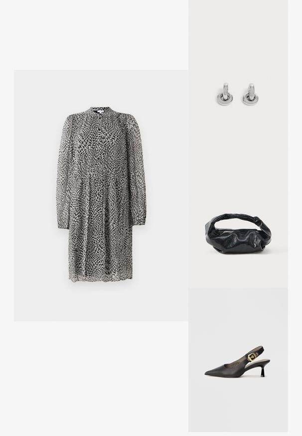 Zwart-witte jurk tot de knie met lange doorschijnende mouwen, knoopsluiting aan de voorkant, losse pasvorm en een abstract vlekkenpatroon op lichte stof.; Zwarte slingback hoge hak schoenen met een spitse neus, een gladde leren textuur en een gouden gespaccent op de band.; Zwarte tas van glanzend, textuur materiaal met een ronde, gedraaide handgreep en een ritsluiting. Heeft een zacht, gekreukt ontwerp.; Een paar kleine, glanzende zilveren creolen met een ronde basis, afgebeeld op een effen lichte achtergrond.
