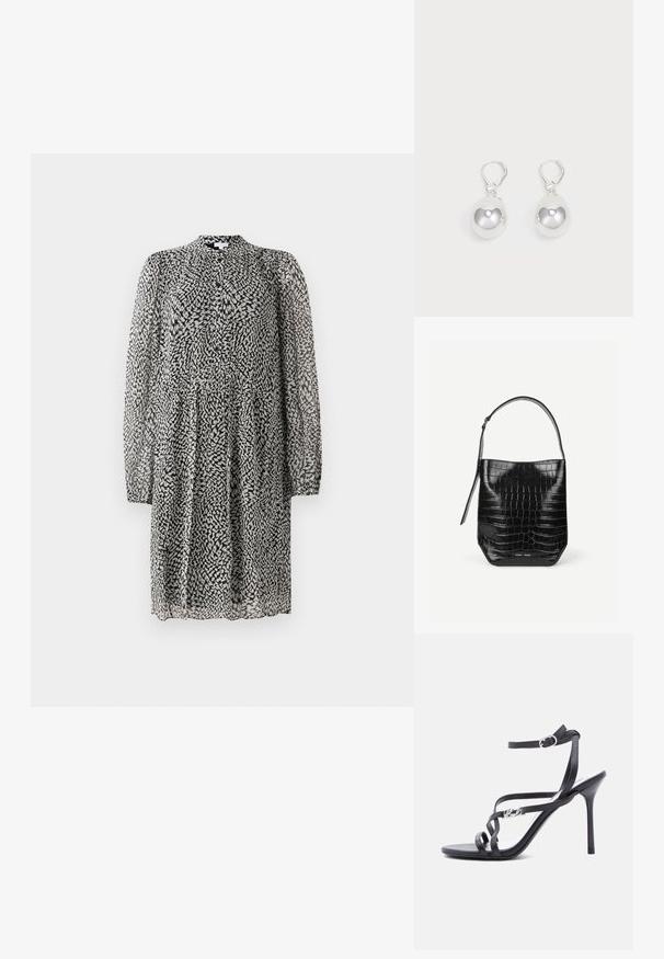 Zwart-witte jurk tot de knie met lange doorschijnende mouwen, knoopsluiting aan de voorkant, losse pasvorm en een abstract vlekkenpatroon op lichte stof.; Zwarte high-heeled sandaal met dunne bandjes, enkelgesp en een metalen logodetail aan het zijbandje, afgebeeld tegen een witte achtergrond.; Zwarte embleem van krokodillenleer met een enkele schouderriem en een klein zilveren merkembleem aan de onderkant van de voorkant.; Zilveren druppeloorbellen met gladde, ronde, reflecterende oppervlakken die hangen aan klapring-sluitingen. Achtergrond is puur wit.
