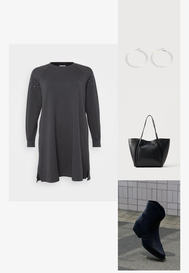 Donkergrijze sweatshirt jurk met lange raglanmouwen, zijsplitsen en bevestigde accenten op de schouders. Gemaakt van zacht, comfortabel materiaal.; Zwarte leren enkellaars met lage hak, decoratieve stiksels en puntige neus, rechtop geplaatst op een betegelde ondergrond naast een betegelde muur.; Zwarte leren tote-tas met twee lange handvatten en een licht gebogen bovenrand, getoond tegen een effen lichte achtergrond.; Een paar glanzende zilveren oorringen met dunne draadafsluitingen, getoond op een lichtgrijze achtergrond.