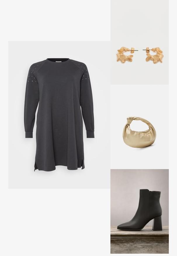 Dunkelgraues Sweatshirtkleid mit langen Raglansämel, seitlichen Schlitzenn und Nietenakzenten an den Schultern. Hergestellt aus weichem, bequemen Material.; Schwarze Leder-Ankle Boots mit spitzer Zehenpartie und Blockabsatz, ausgestattet mit einer strukturierten schwarzen Partie und einer glatten Oberfläche.; Goldfarbene Metall-Handtasche mit glatter, glänzender Textur. Verfügt über einen geknoteten Griff und eine abgerundete, weiche Form. Reißverschlussverschluss an der Oberseite.; Ohrstecker in Goldoptik mit abstrakter, organischer Form, die eine strukturierte Oberfläche und einen Steckverschluss aufweisen.