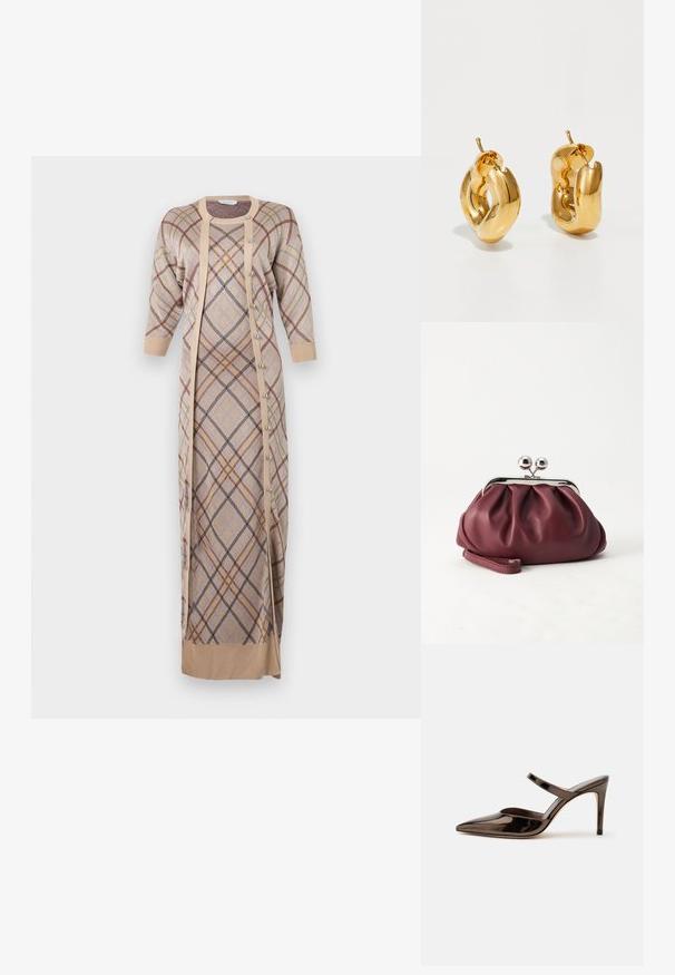 Rabanne Maxikleid - beige; Glänzender dunkelbrauner Mule mit spitzer Spitze und hohem Absatz mit schmalem Riemen über dem Spann vor weißem, einfachem Hintergrund.; Kleine burgunderrote Lederclutch mit silbernem Metallverschluss und Handgelenksriemen auf weißem Hintergrund.; Fette goldene Creolen mit einem leicht verdrehten, röhrenförmigen Design und Steckverschlüssen auf einem weißen Hintergrund.