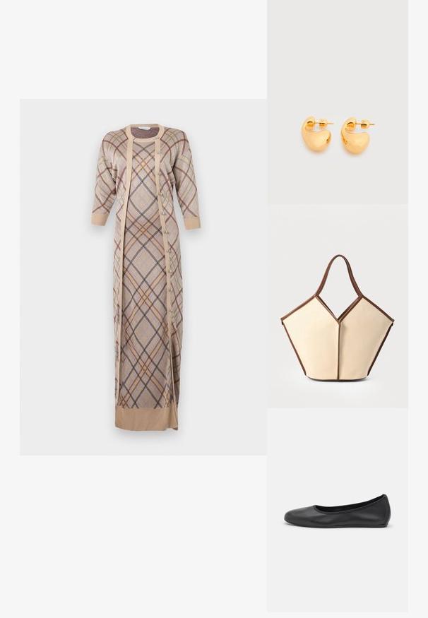 Rabanne Maxi šaty - beige; Čierne kožené baleríny s okrúhlou špičkou, hladkým povrchom, minimálnym prešívaním a flexibilným dizajnom podrážky.; Plátená taška s krémovým telom a hnedými koženými akcentmi. Dizajn má jedinečné V-šikmé otváranie a dva zakrivené popruhy.; Pár malých, robustných náušníc so zlatým tónom v tvare hladkých, zakrivených abstraktných tvarov na svetlom pozadí.