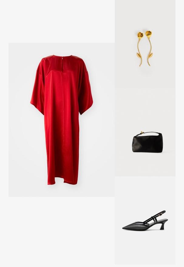Punane kaftankleid, ümmarguse dekoltee ja lühikeste varrukatega, valmistatud siledast kangast, tagaküljel vertikaalne lukukinnitus ja vaba lõige.; Mustad terava ninaga slingback-kingad võrgust pealse, õhukeste rihmade, kuldse pandla ja madala kumerdatud kontsaga valgel taustal.; Mustast satiinist kotist kott, ümar kuju, ülemine käepide ja kuldne klambriaktsent. Sile tekstuur ja minimalistlik disain.; Kuldse tooniga kõrvarõngad, mis on lillekujuga, kõverate vartedega ja iga varre peal üks leht, valgel taustal.
