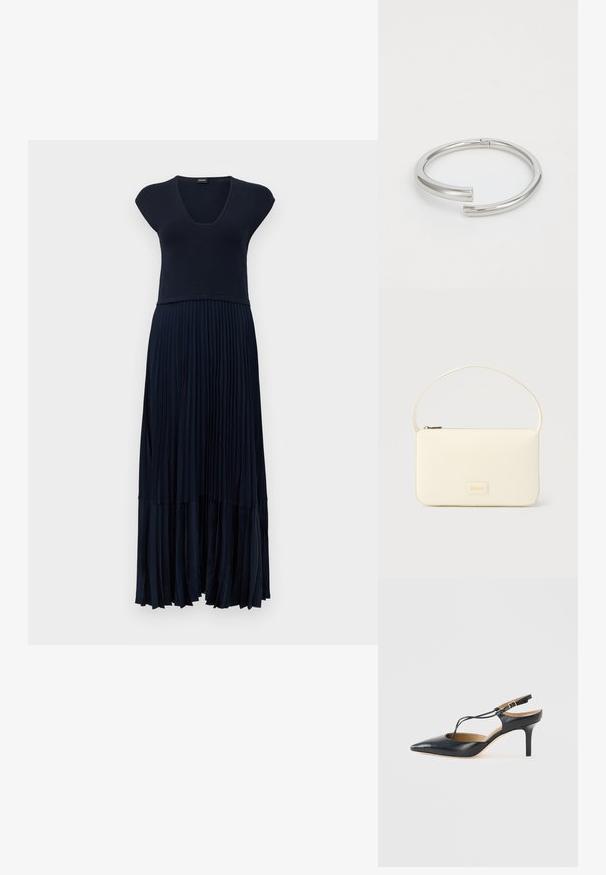 Marineblaue ärmellose Kleid mit V-Ausschnitt und langem, plissiertem Rock, tailliert, auf weißem Hintergrund präsentiert.; Schwarzer Leder-Slingback-Pumps mit spitzer Schuhspitze und dünnem T-Riemen, vor schlichtem hellem Hintergrund.; Rechteckige Handtasche in Cremefarbe mit einem einzelnen Trageriemen und Reißverschluss oben, ausgestattet mit einer kleinen, geprägten Logoplakette vorne.; Calvin Klein SPIRAL - Armband - silver-coloured