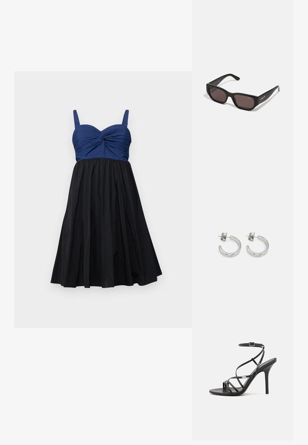 A-Linien-Kleid mit einem taillierten Oberteil in Marineblau mit einer gedrehten Detail und einem schwarzen, plissierten Rock, abgeschlossen mit verstellbaren Trägern.; Schwarze High-Heel-Sandale mit dünnen Riemen, einem Knöchelverschluss, einer glatten Lederoberfläche und einem schlanken Stiletto-Absatz.; Schwarze rechteckige Sonnenbrille mit dunklen Gläsern. Verfügt über ein glattes Kunststoffgestell und ein Logo-Detail an den Bügeln. Sauberes, modernes Design.; kate spade new york HUGGIES - Ohrringe - clear/silver-coloured