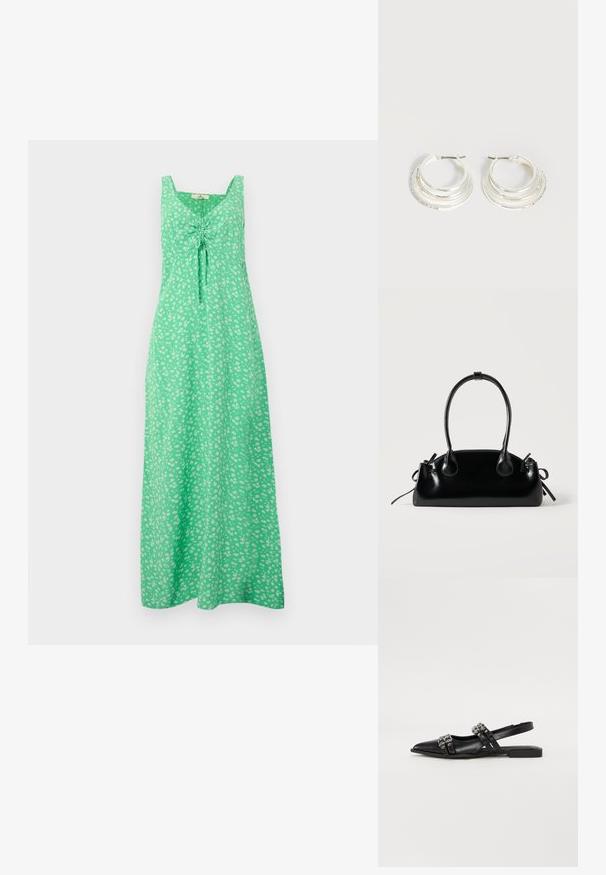 Robe maxi verte sans manches avec un petit motif floral blanc et un détail froncé noué à l'avant sur la poitrine.; Even&Odd Ballerines à brides arrière - black; Petit sac à main noir brillant avec deux longues anses et des détails à cordon sur les côtés sur un fond clair uni.; Boucles d'oreilles créoles en argent avec trois bandes semi-circulaires superposées, dont une ornée de petits cristaux clairs sur un fond clair.