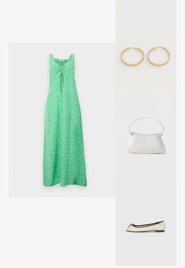 Robe maxi verte sans manches avec un petit motif floral blanc et un détail froncé noué à l'avant sur la poitrine.; Ballerine en textile beige avec une bordure noire. Affiche un bout arrondi et un petit nœud en accent sur le devant. Semelle basse.; Sac à main en cuir tressé blanc avec poignée arrondie et extrémités de lanière nouées, présenté sur un fond uni.; Boucles d'oreilles créoles en or avec un design texturé orné de petites perles rondes sur le bord extérieur. Légères avec une fermeture sécurisée.