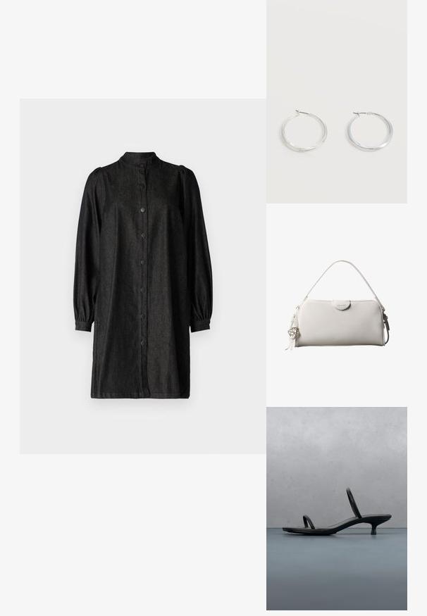 Vestido de mezclilla negra con un cuello alto, cierre de botones en el frente y largas mangas abullonadas. Textura suave con un ligero brillo y un ajuste entallado.; Sandalia de tacón negra Calvin Klein con tiras finas, equilibrada sobre baldosas de madera al aire libre cerca de una pared y vegetación.; Bolso rectangular blanco de Calvin Klein con un solo asa, diseño minimalista y borlas decorativas con un charm metálico geométrico en el lateral.; Pendientes de aro de metal plateado con superficie lisa y ligeramente curvada y cierre de tipo mosquetón sobre un fondo blanco liso.