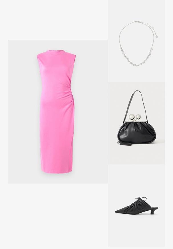 Rosa Midi-Kleid aus weichem Stoff. Ärmelloses Design mit rundem Ausschnitt und dezenten seitlichen Raffungselementen. Glatte Textur, figurbetonte Silhouette.; Schwarze Leder-Mules zum Hineinschlüpfen mit spitzer Zehe, geraffter Textur und kleinem Kitten-Heel. Verfügt über ein Zugbanddetail am Öffnung.; Schwarze Ledertasche mit gerafftem Design, einem einzelnen Riemen, silbernem Metallrahmen und zwei großen runden silbernen Verschlüssen.; Silberne Halskette mit floralen Designs, klaren Edelsteinen, filigranen Details und einem verstellbaren Verschluss.