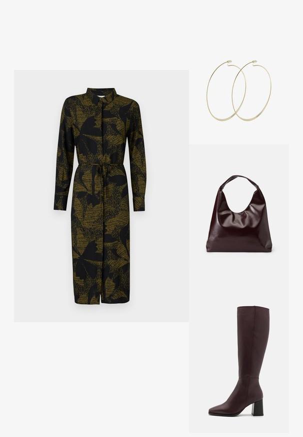JDY JDYLIZA SHIRT DRESS - Tričkové šaty - winter moss; Zign by Zalando LEATHER - Čižmy - bordeaux; Burgundská, lesklá vegan kožená taška s mäkkým, sochárskym tvarom a širokým, zakriveným uchom pre jednoduché nosenie.; Pilgrim Náušnice - gold-coloured