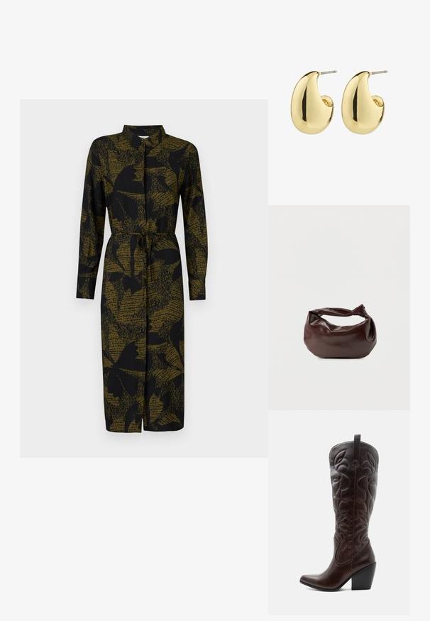 JDY JDYLIZA SHIRT DRESS - Blusenkleid - winter moss; Hoher dunkelbrauner Leder-Cowboystiefel mit gestickten dekorativen Mustern, spitzer Spitze und gestapeltem Blockabsatz.; Dunkelbraune Lederschultertasche mit weicher, lockerer Form und einem gedrehten Knotengriff vor schlichtem weißem Hintergrund.; Goldfarbene Steckerohrringe mit einer glatten, glänzenden Oberfläche, die eine abstrahierte, tropfenförmige Form aufweisen. Einfache Metallstiftbefestigung.