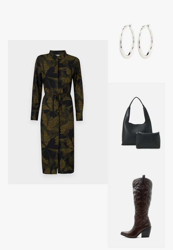 JDY JDYLIZA SHIRT DRESS - Paitamekko - winter moss; Korkea tummanruskea nahkainen cowboysaapas, jossa on ommellut koristeelliset kuviot, terävä kärki ja pinoa muistuttava lohkokorko.; Even&Odd Käsilaukku - black; Hope hopea, joissa on sileä ja kiiltävä pinta. Pyöreä muoto, jossa on turvallinen suljin. Yksinkertainen ja elegantti muotoilu.