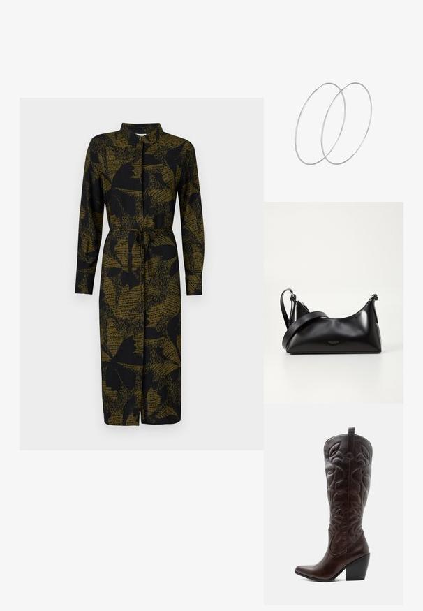 JDY JDYLIZA SHIRT DRESS - Blousejurk - winter moss; Lange donkerbruine leren cowboylaars met gestikte decoratieve patronen, spitse neus en gestapelde blokhak.; Zwarte leren handtas met een gladde textuur. Beschikt over een verstelbare schouderband en een strak, minimalistisch ontwerp met een ritssluiting.; Zilveren hoepel oorbellen met een minimalistisch ontwerp. Cirkelvormig, gladde textuur en dun profiel. Lichtgewicht met een gepolijste afwerking.