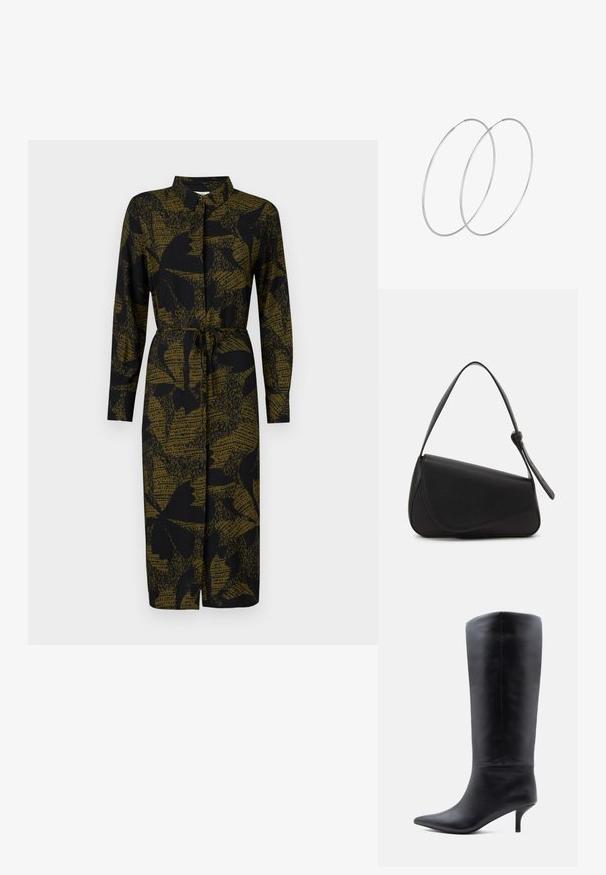 JDY JDYLIZA SHIRT DRESS - Tričkové šaty - winter moss; Čierna dámska kožená čižma po kolená so špicatou špičkou a štíhlym stredne vysokým opätkom, zobrazená v bočnom profile na bielom pozadí.; Čierna kožená kabelka s trojuholníkovým tvarom, šikmým klopou a zaoblenou rukoväťou. Má hladkú textúru a minimalistické dizajnové detaily.; Strieborné kruhové náušnice s minimalistickým dizajnom. Cirkulárny tvar, hladký povrch a tenký profil. Ľahké s lesklým povrchom.