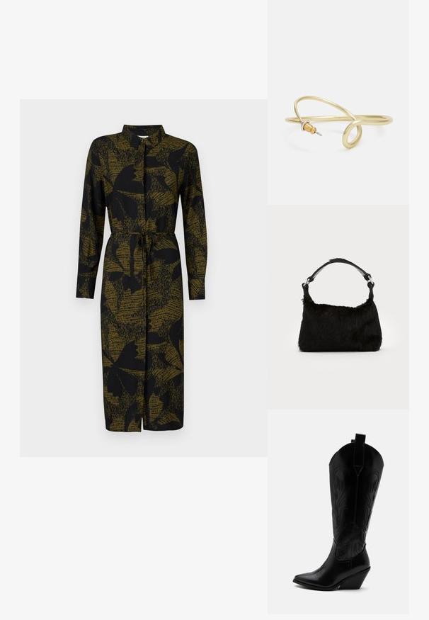 JDY JDYLIZA SHIRT DRESS - Tričkové šaty - winter moss; Čierna kožená kovbojská čižma so špicatou špičkou, šikmým blokovým podpätkom, dekoratívnym prešitím a ťahacími pútkami na vrchu na bielom pozadí.; Čierna kabelka z umelého kožušiny s jemnou textúrou, zaobleným tvarom a pevným čiernym koženým ramenným popruhom. Viditeľné akcenty zo strieborného kovu.; Náušnica zo zlato sfarbeného kovu s plynulým, zakriveným dizajnom. Na jednom konci je malý, výrazný strieborný akcent.