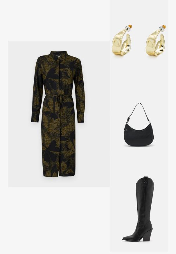 JDY JDYLIZA SHIRT DRESS - Blousejurk - winter moss; RAID SURREY - Cowboy-/Bikerlaarzen - black; Zwarte hobo tas van soepel leer met een gebogen silhouet, voorzien van een enkele verstelbare schouderriem en minimalistische ontwerpdetails.; Goudkleurige oorbellen in de vorm van abstracte handen, met een glanzend oppervlak, ingewikkelde details en een zilver- en goudkleurige post voor een veilige bevestiging.