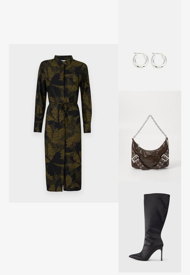 JDY JDYLIZA SHIRT DRESS - Särkkleit - winter moss; Mustad põlvekõrgused terava ninaga kontsakingad, mis on valmistatud siledast ja läikivast materjalist; kitsas sobivus ning kerge voltimise efekt pahkluu ümber; sädelev konts.; Tumepruun patiintnahast käekott hõbedase ketstriidega, dekoratiivsete topeltpandlitega ja lukuga sulgemisega.; Hõbedased rõngaskõrvarõngad poleeritud viimistlusega, ringikujulise kujuga ja hingedega kinnitusega. Sile tekstuur minimaalsete detailidega.