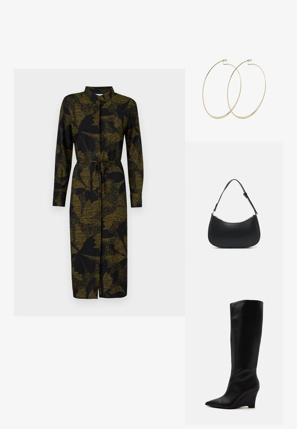 JDY JDYLIZA SHIRT DRESS - Tričkové šaty - winter moss; Čierna kožená čižma po kolená s ostrou špičkou a klinovým podpätkom, zobrazená z boku na jednotnom svetlom pozadí.; Pieces PCALUANA SHOULDER BAG - Kabelka - black; Pilgrim Náušnice - gold-coloured