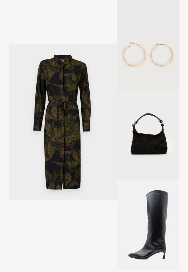 JDY JDYLIZA SHIRT DRESS - Tričkové šaty - winter moss; Čierna kožená čižma po kolená so špičatou špičkou a štíhlym, vysokým podpätkom. Hladká textúra s minimálnym množstvom kovania a logom značky blízko vrchu.; Čierna kabelka z umelého kožušiny s jemnou textúrou, zaobleným tvarom a pevným čiernym koženým ramenným popruhom. Viditeľné akcenty zo strieborného kovu.; Pár zlatých textúrovaných kruhových náušníc s tenkými puzdrami na bielom pozadí.