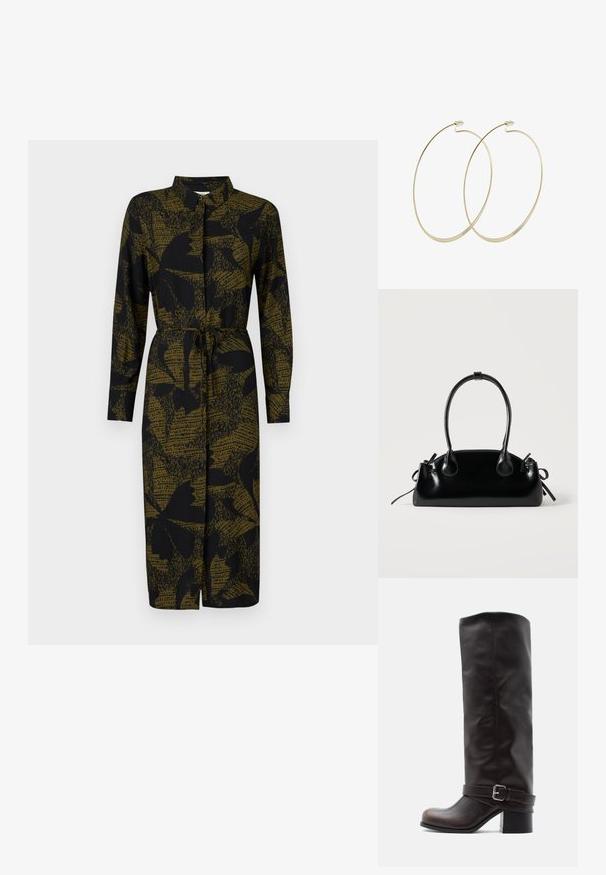 JDY JDYLIZA SHIRT DRESS - Tričkové šaty - winter moss; Tmavohnedá kožená čižma po kolená s okrúhlou špičkou, nízkym hrubým podpätkom a ozdobným remienkom so striebornou prackou pri členku.; Malá čierna lesklá kabelka s dvoma dlhými rúčkami a bočnými šnúrkovými detailmi na jednoduchom svetlom pozadí.; Pilgrim Náušnice - gold-coloured