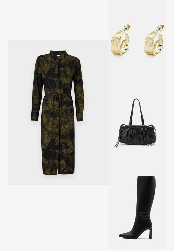 JDY JDYLIZA SHIRT DRESS - Tričkové šaty - winter moss; Even&Odd by Zalando Čižmy - black; Čierna kožená kabelka so zaobleným tvarom, dvojitými uchami, dekoratívnymi kovovými prvkami a detailmi so šnúrkami na bokoch. Hladký, lesklý povrch.; Náušnice v zlatej farbe v tvare abstraktných rúk, s lesklým povrchom, zložitými detailmi a strieborným a zlatým podstavcom pre bezpečné upevnenie.