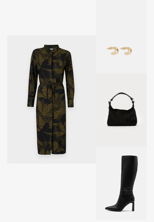 JDY JDYLIZA SHIRT DRESS - Särkkleit - winter moss; Even&Odd Saapad - black; Mustast kunstkarusnahast käekott, millel on pehme tekstuur, ümar kuju ja tugev must nahast õlarihm. Nähtavad hõbedased detailid.; Kuldne kuu kujuline kõrvarõngas sileda pinnaga, millel on oranžid aktsendid postide lähedal ja hõbedane riistvara.