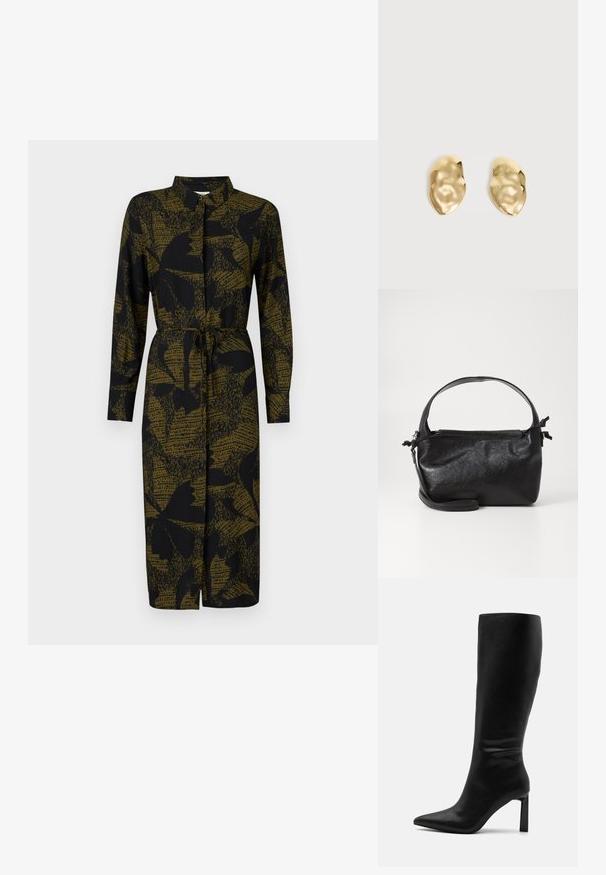 JDY JDYLIZA SHIRT DRESS - Tričkové šaty - winter moss; Even&Odd Čižmy - black; Čierna kožená kabelka so štruktúrovaným dizajnom, okrúhlym horným uchom a odnímateľným ramenným popruhom. Má hladkú textúru a jemný lesk.; Pár lesklých, nepravidelne tvarovaných zlatých kovových náušníc s pokrčeným, hladkým povrchom na jednoduchom svetlom pozadí.