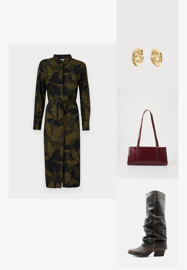JDY JDYLIZA SHIRT DRESS - Vestido camisero - winter moss; Bota alta de cuero negro con estilo holgado, detalles en marrón, puntera puntiaguda y tacón apilado sobre un fondo blanco liso.; Bolso burdeos hecho de material brillante, de forma rectangular, con dos asas para el hombro y sutiles acentos curvados en la parte frontal.; Par de pendientes de metal dorado brillante, con forma irregular y superficie arrugada y lisa sobre un fondo claro y sencillo.