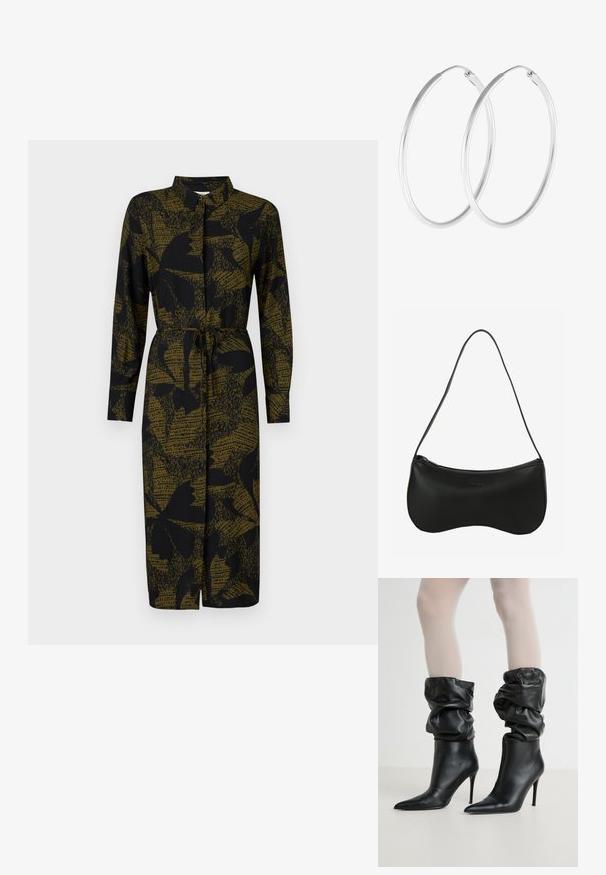 JDY JDYLIZA SHIRT DRESS - Paitamekko - winter moss; Mustat nahkasaappaat nilkkapituisella, löysällä muotoilulla, teräväkärkisillä ja korkeilla stilettokoroilla, joissa on pehmeä, teksturoitu pinta varren ympärillä.; Musta nahkainen olkalaukku, jossa on kaareva muoto, vetoketjullinen suljenta ja ohut olkahihna; sileä pinta ja hienovarainen kohokuvioitu logoyksityiskohta.; Hopeilta näyttävät korvakorut, joissa on sileä, pyöreä muoto ja kiiltävä pinta. Molemmat korvakorut ovat samankokoisia ja niissä on turvallinen sulkemismekanismi.