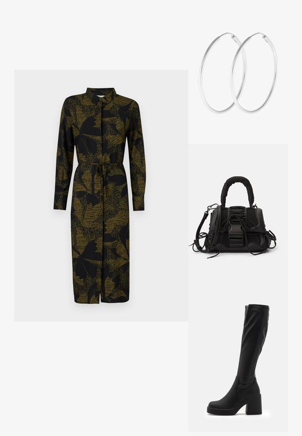 JDY JDYLIZA SHIRT DRESS - Tričkové šaty - winter moss; Čierne vysoké čižmy vyrobené z hladkého syntetického materiálu, s hrubým blokovým podpätkom a štíhlym dizajnom s elastickým vrcholom.; Čierna kabelka s mriežkovým exteriérom, tkanou rukoväťou a dekoratívnym šnurovaním. Obsahuje odnímateľný popruh a kontrastné kovové akcenty.; Strieborné kruhové náušnice s hladkým, okrúhlym tvarom a lešteným povrchom. Obe náušnice sú rovnakej veľkosti a disponujú bezpečným uzatváracím mechanizmom.