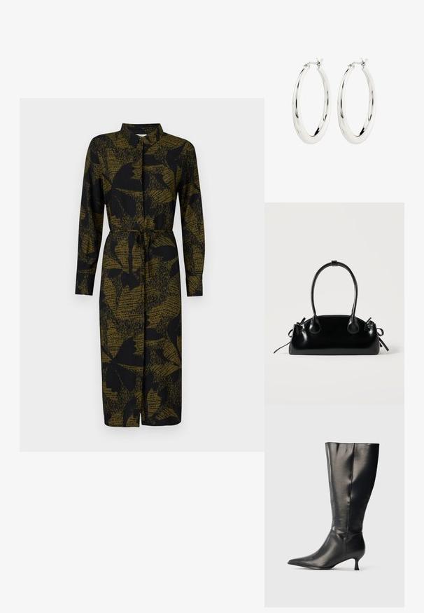 JDY JDYLIZA SHIRT DRESS - Särkkleit - winter moss; Mustad põlvekõrgune nahast saabas terava nina ja madala kitsa kontsaga, esitatud lihtsal heledal taustal.; Väike must läikiv käekott kahe pika sangaga ja külgedel paelakinnitustega, ühel lihtsal helel taustal.; Hõbedased rõngaskõrvarõngad siledast ja läikivast viimistlusest. Ringikujuline, sisaldab kindlat kinnitust. Lihtne ja elegantne disain.