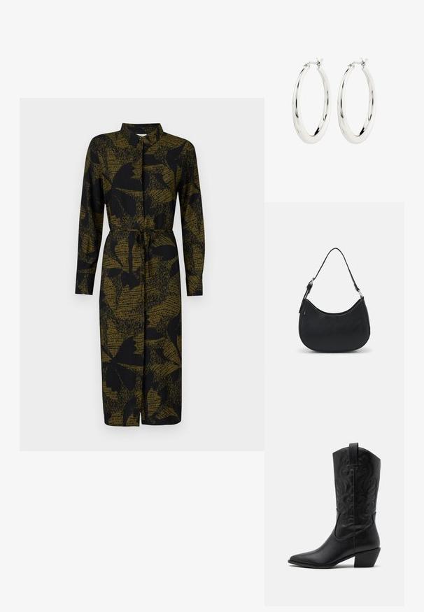 JDY JDYLIZA SHIRT DRESS - Tričkové šaty - winter moss; Čierna kožená kovbojská čižma s špicatou špičkou, embosovanými vírivými vzormi a stredne vysokým opätkom. Obsahuje pútko pre jednoduché obúvanie.; Čierna taška hobo vyrobená z hladkej kože s prehnutým siluetou, s jedným nastaviteľným popruhom a minimalistickými dizajnovými detailmi.; Strieborné kruhové náušnice s hladkým, lesklým povrchom. Obľúbený tvar, vybavené bezpečným zapínaním. Jednoduchý a elegantný dizajn.