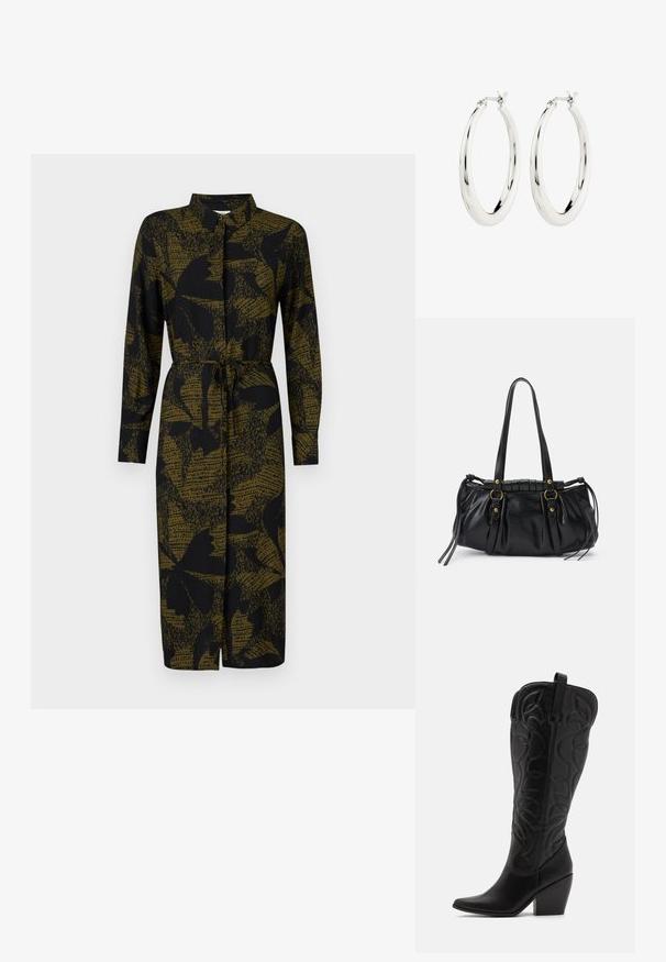 JDY JDYLIZA SHIRT DRESS - Tričkové šaty - winter moss; Čierne kožené čižmy po kolená so špicatou špičkou a vrstveným podpätkom. Majú dekoratívne prešívanie a zakrivené dizajnové prvky.; Čierna kožená kabelka so zaobleným tvarom, dvojitými uchami, dekoratívnymi kovovými prvkami a detailmi so šnúrkami na bokoch. Hladký, lesklý povrch.; Strieborné kruhové náušnice s hladkým, lesklým povrchom. Obľúbený tvar, vybavené bezpečným zapínaním. Jednoduchý a elegantný dizajn.