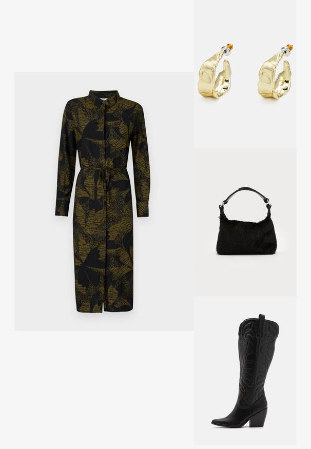 JDY JDYLIZA SHIRT DRESS - Paitamekko - winter moss; Mustat nahkaiset polven korkeudella olevat saappaat, joissa on terävä kärki ja pinoa muistuttava korko. Koristeena ompelusaumoja ja kaarevia muotoiluelementtejä.; Musta tekoturkishandbag, jossa on pehmeä rakenne, pyöreä muoto ja tukeva musta nahkaremmi. Hopeiset metalliosat näkyvissä.; Korulautaset, jotka on muotoiltu abstrakteiksi käsiksi, kultaista väriä, kiiltävä pinta, monimutkaiset yksityiskohdat, sekä hopea- ja kultasankaat turvallista kiinnittämistä varten.