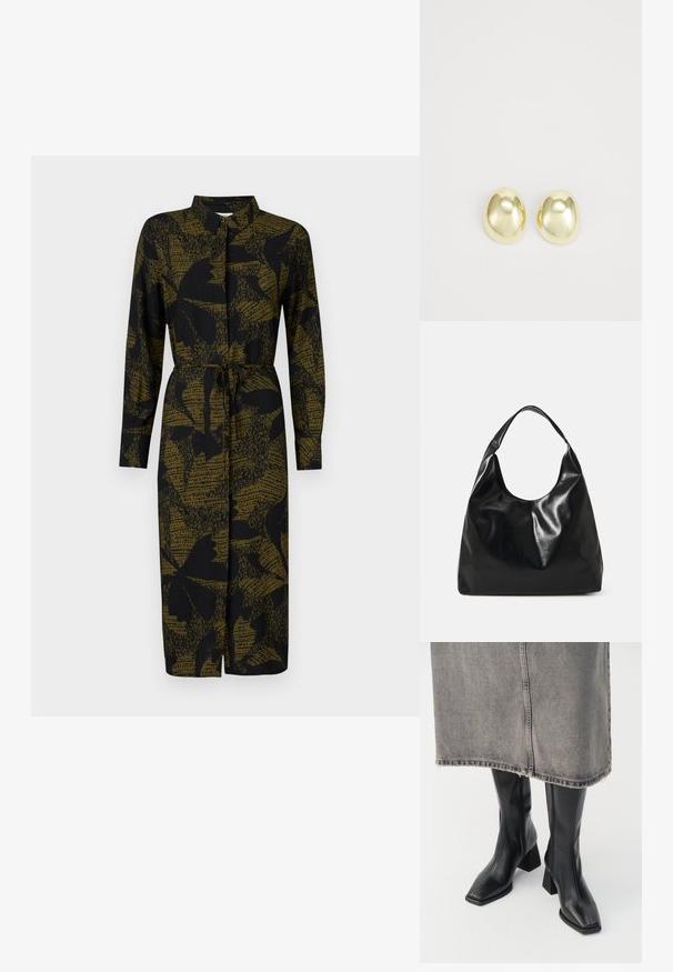 JDY JDYLIZA SHIRT DRESS - Blusenkleid - winter moss; Schwarze knielange Stiefel aus glattem Leder mit quadrater Zehenpartie und Blockabsatz. Getragen mit einem grauen Jeansrock mit ausgefranstem Saum.; Schwarze Leder-Hobo-Tasche mit einer weichen, glänzenden Textur und einem runden, offenen Oberteil. Verfügt über einen breiten, gebogenen Tragegurt. Keine sichtbaren Beschläge.; Goldfarbene Metallstanzohrringe mit einer glatten, abgerundeten Form und polierter Oberfläche. Einfaches Design ohne zusätzliche Verzierungen.