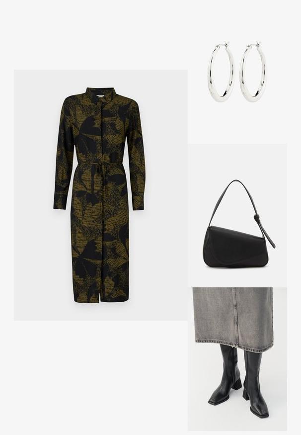 JDY JDYLIZA SHIRT DRESS - Blusenkleid - winter moss; Schwarze knielange Stiefel aus glattem Leder mit quadrater Zehenpartie und Blockabsatz. Getragen mit einem grauen Jeansrock mit ausgefranstem Saum.; Schwarze Lederhandtasche mit dreieckiger Form, schrägem Klappdeckel und rundem Oberhandgriff. Verfügt über eine glatte Textur und minimalistische Designdetails.; Silberne Creolen mit einer glatten, glänzenden Oberfläche. Kreisform, ausgestattet mit einem sicheren Verschluss. Einfaches und elegantes Design.