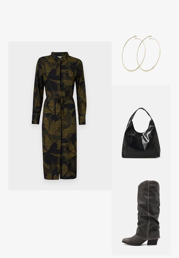 JDY JDYLIZA SHIRT DRESS - Särkkleit - winter moss; Hallid hall nahk-saapad, mis ulatuvad säärtesse ja millel on lohkuv disain, terav nina ja kihiline konts. Tähelepanuväärne õmblemise detail varvaste piirkonnas.; Mustast nahkloomast hobokott, millel on pehme, läikiv tekstuur ja ümar avatud ülemine osa. Omab laia, kõverat rihma kandmiseks. Ei ole nähtavat riistvara.; Pilgrim Kõrvarõngad - gold-coloured